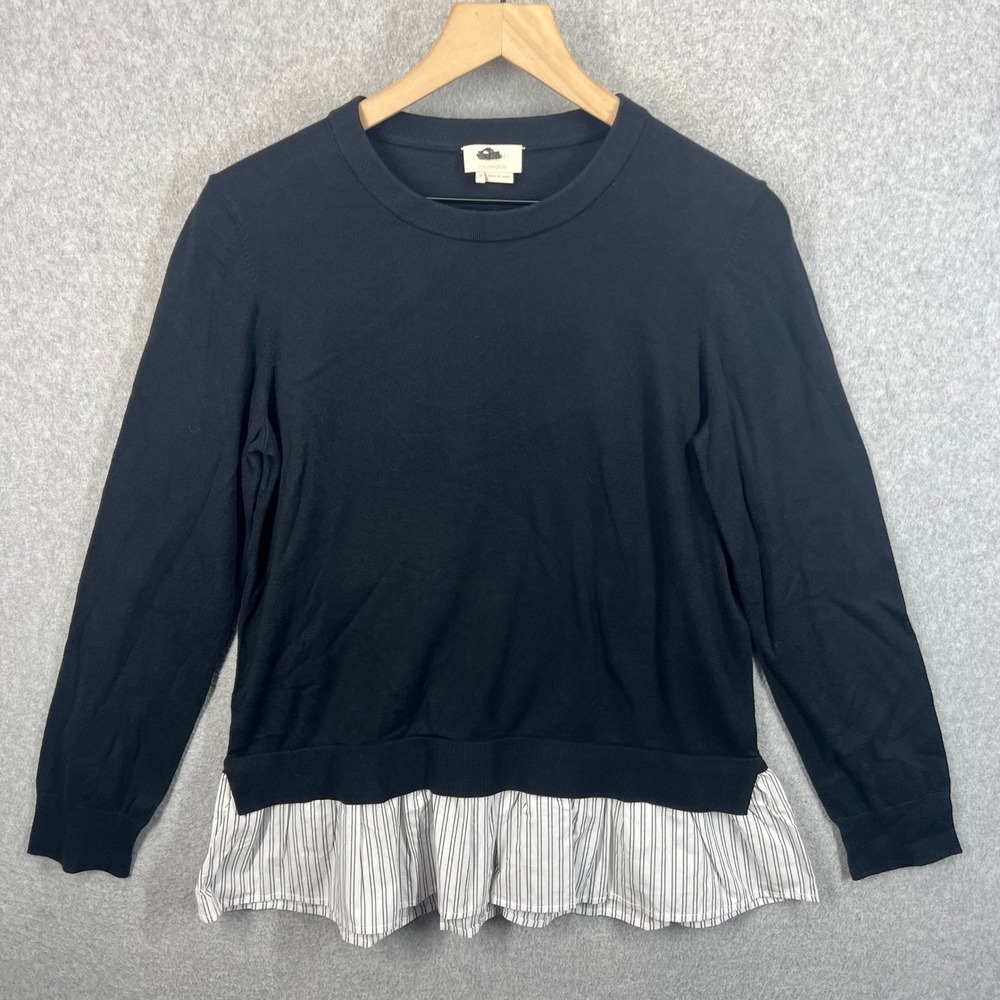 Kate Spade Sweater Pullover Women M Black‎ Stripe Hem Silk Cotton Knit EUC